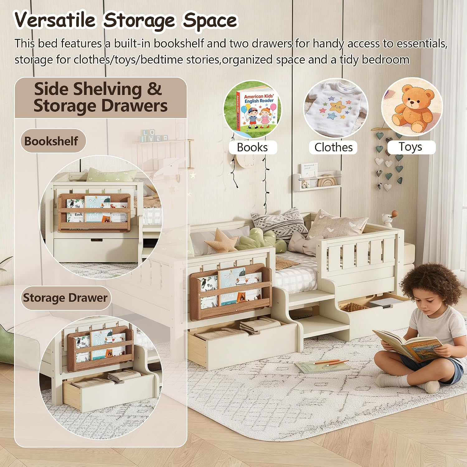 Bellemave Twin Kids Montessori Bed with Stairs, Bookshelf and Drawers, Solid Wood Kids Bed Frame with Storage for Boys Girls, Low Profile,Beige