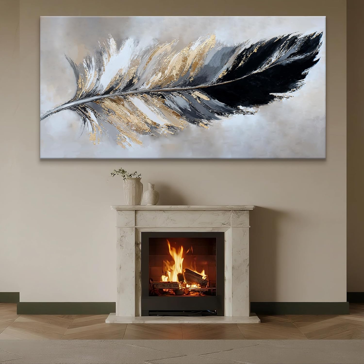 YISXINOAG Modern Abstract Wall Art Canvas Art Wall Decor Black and Gold Large Wall Art for Living Room Modern Home Decorations Abstract Art Prints Minimalist Feather Home Artwork Size 39'X78'