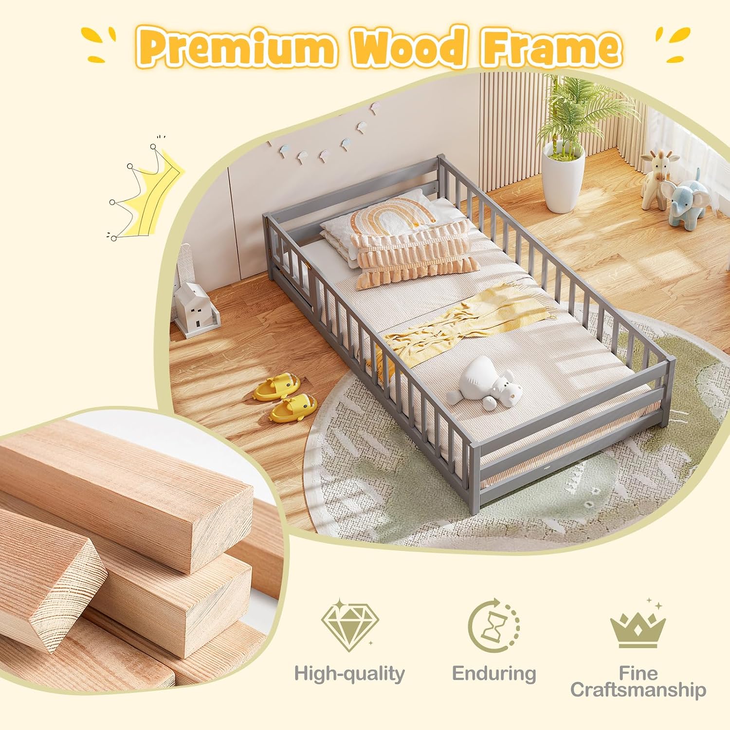BECOMFORT Twin Floor Bed for Kids, Kids Twin Floor Bed Frame with Door, Latch & Safety Guardrails, Montessori Bed for Boys Girls
