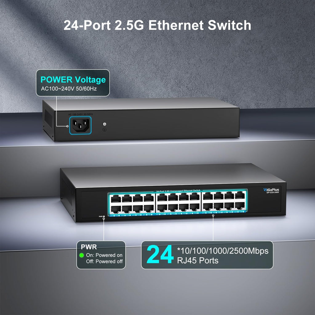 24 Port 2.5Gb Unmanaged Ethernet Switch with 24* 2.5G Base-T Ports, GiGaPlus 2.5Gbps Network Switch for 2.5Gbps NAS/PC, WiFi6 Router, Wireless AP. Fanless Design, Plug and Play