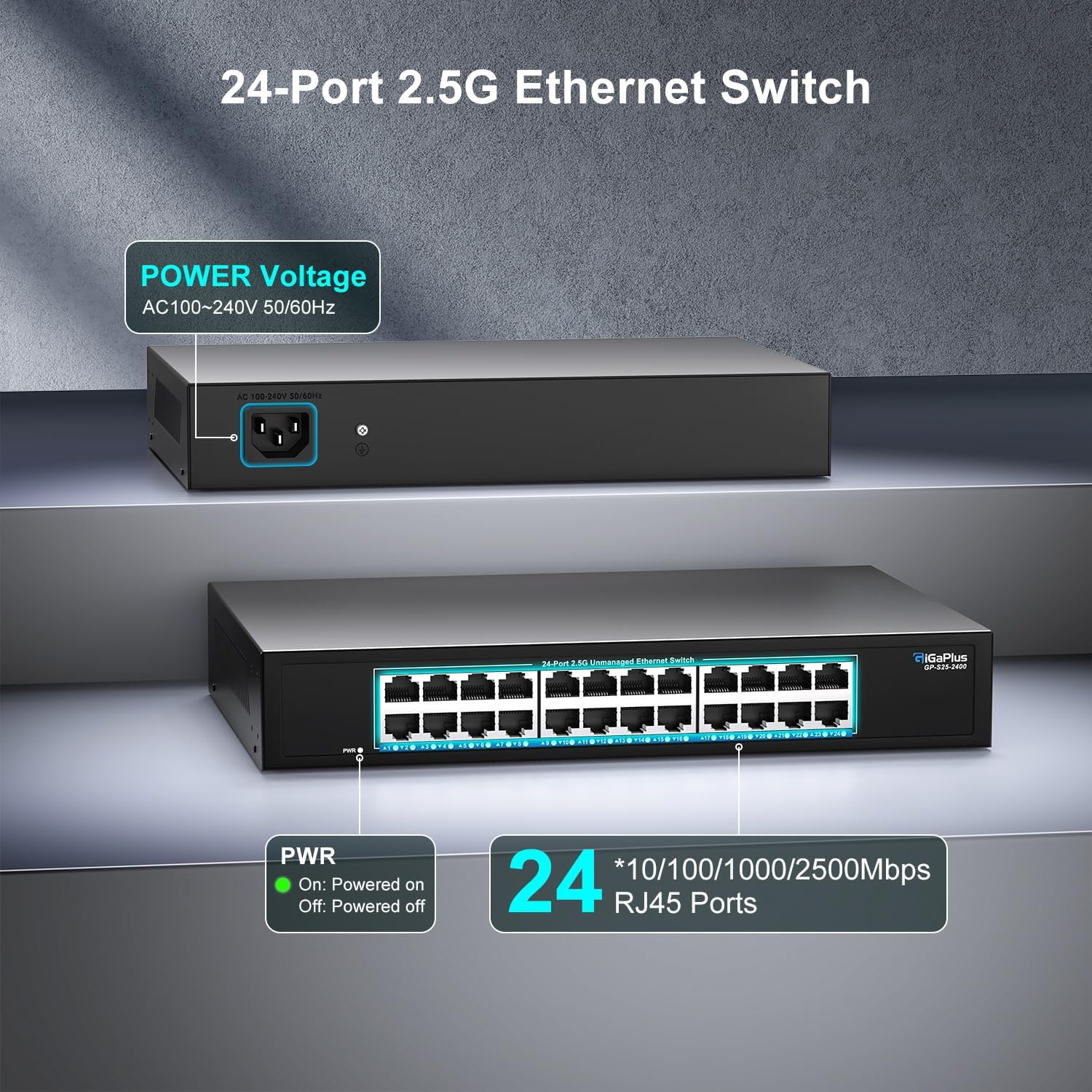 24 Port 2.5Gb Unmanaged Ethernet Switch with 24* 2.5G Base-T Ports, GiGaPlus 2.5Gbps Network Switch for 2.5Gbps NAS/PC, WiFi6 Router, Wireless AP. Fanless Design, Plug and Play