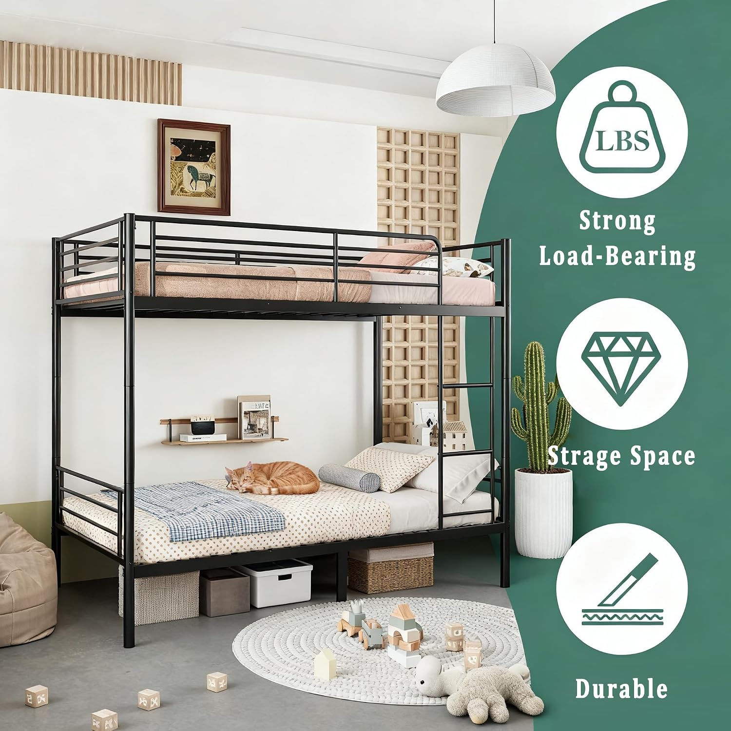 GOWE Bunk Bed with Ladder and high Guardrail, Able to Split, Metal Bunk Bed, Storage Space, Noise Free,Twin Over Twin Size,Black