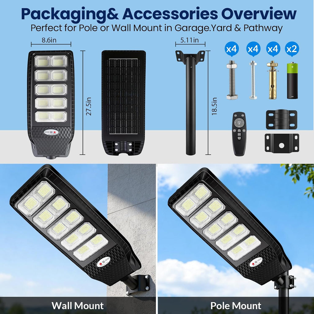 JWT 2 Pack 27' Large Solar Street Lights Outdoor Waterproof - Solar Powered Security Parking Lot Light Dusk to Dawn,Motion Sensor Commercial LED Solar Flood Lights Remote Control for Outside Yard