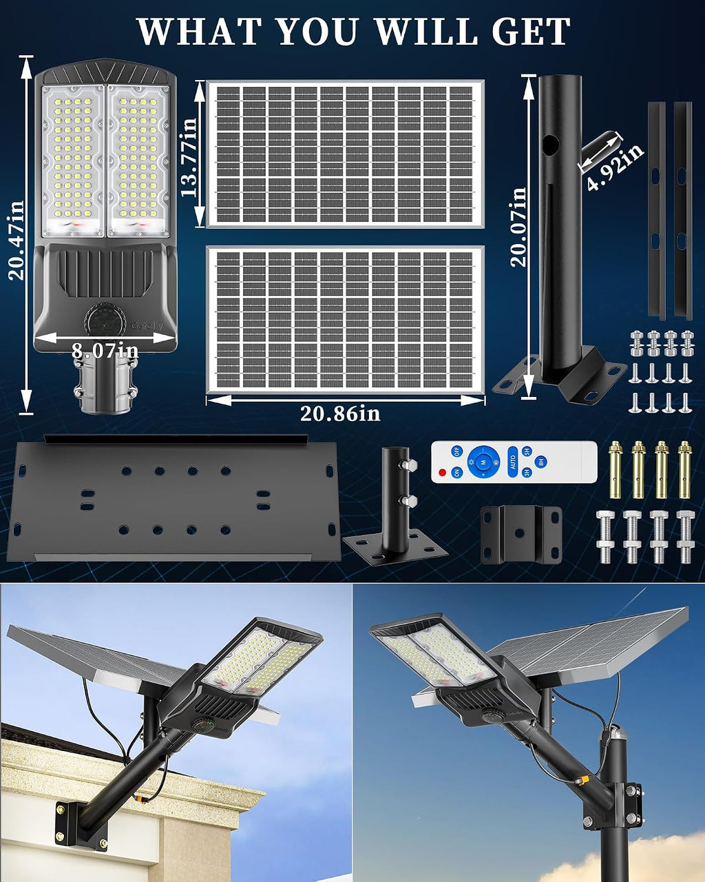 Gefolly SL-10000W Solar Street Lights Outdoor, 600000LM Commercial Parking Lot Light Dusk to Dawn IP67 Waterproof 6500K Security Flood Lights with Motion Sensor Lamp for Yard, Road