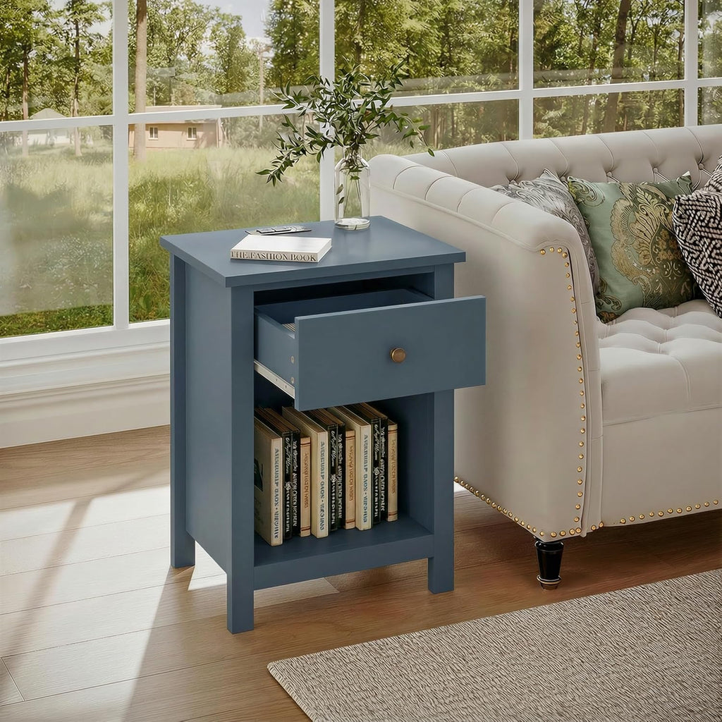 ChooChoo Farmhouse Nightstand Set of 2,Night Stand with Charging Station, Wooden Top Bedside End Table with Drawer and Storage Space for Bedroom, Blue