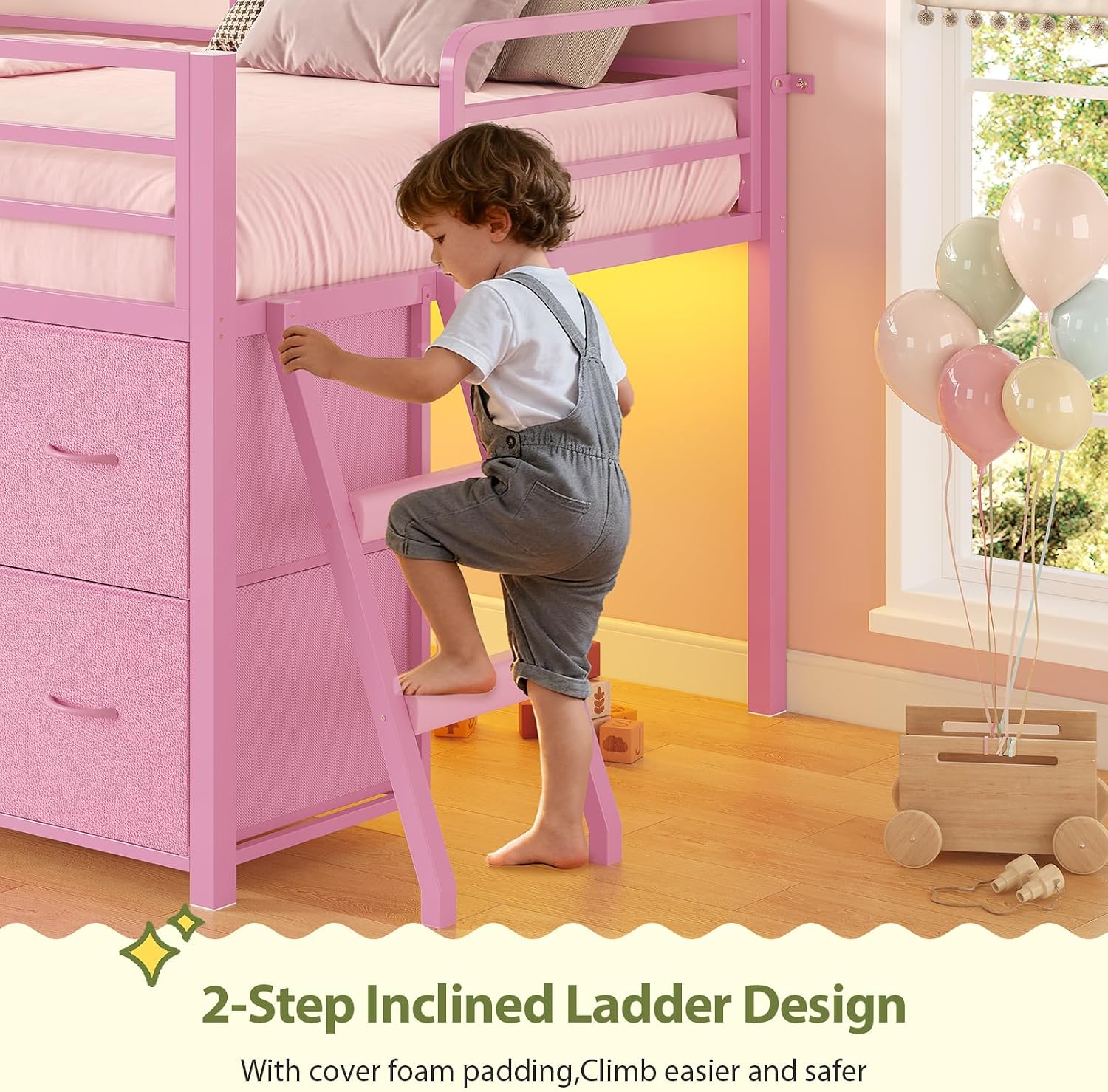 UPOSOJA Twin Size Low Loft Bed with RGB Lights & Play Zone, 8 XL Drawers, Kids Play Loft with 2-Step Ladder & Anti-Tip Kit (Pink)