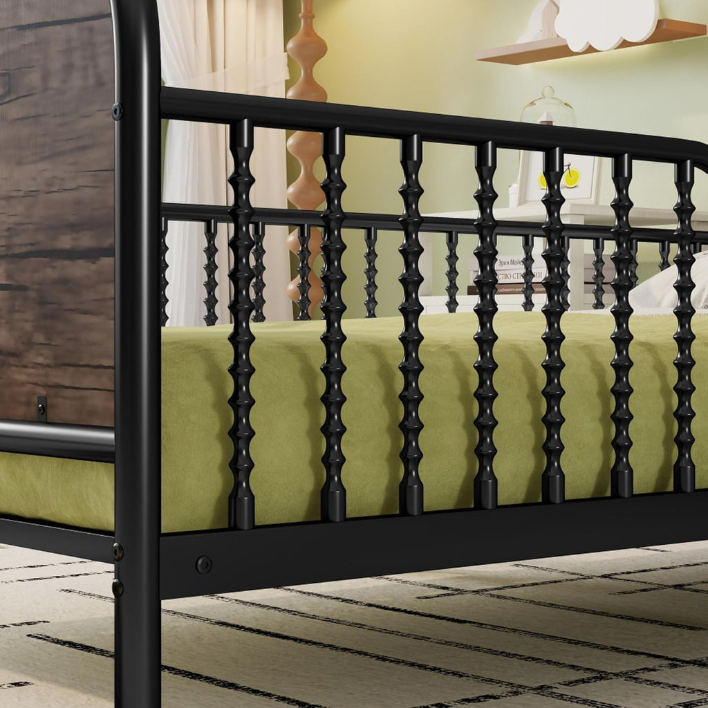 Modern Upholstered Platform Bed Frame with App Controlled LED Lights Storage Headboard Full Length Guardrails Low Profile Design Metal Structure for Bedroom (Black,Twin)