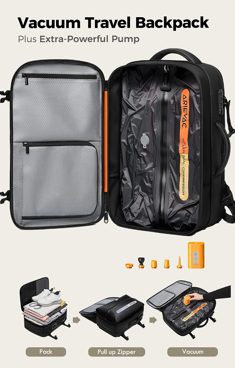 IKYWT Vacuum Seal Backpack Travel with Ultra-Power Pump, 80L Expandable Travel Backpack with Vacuum System w/TSA Lock
