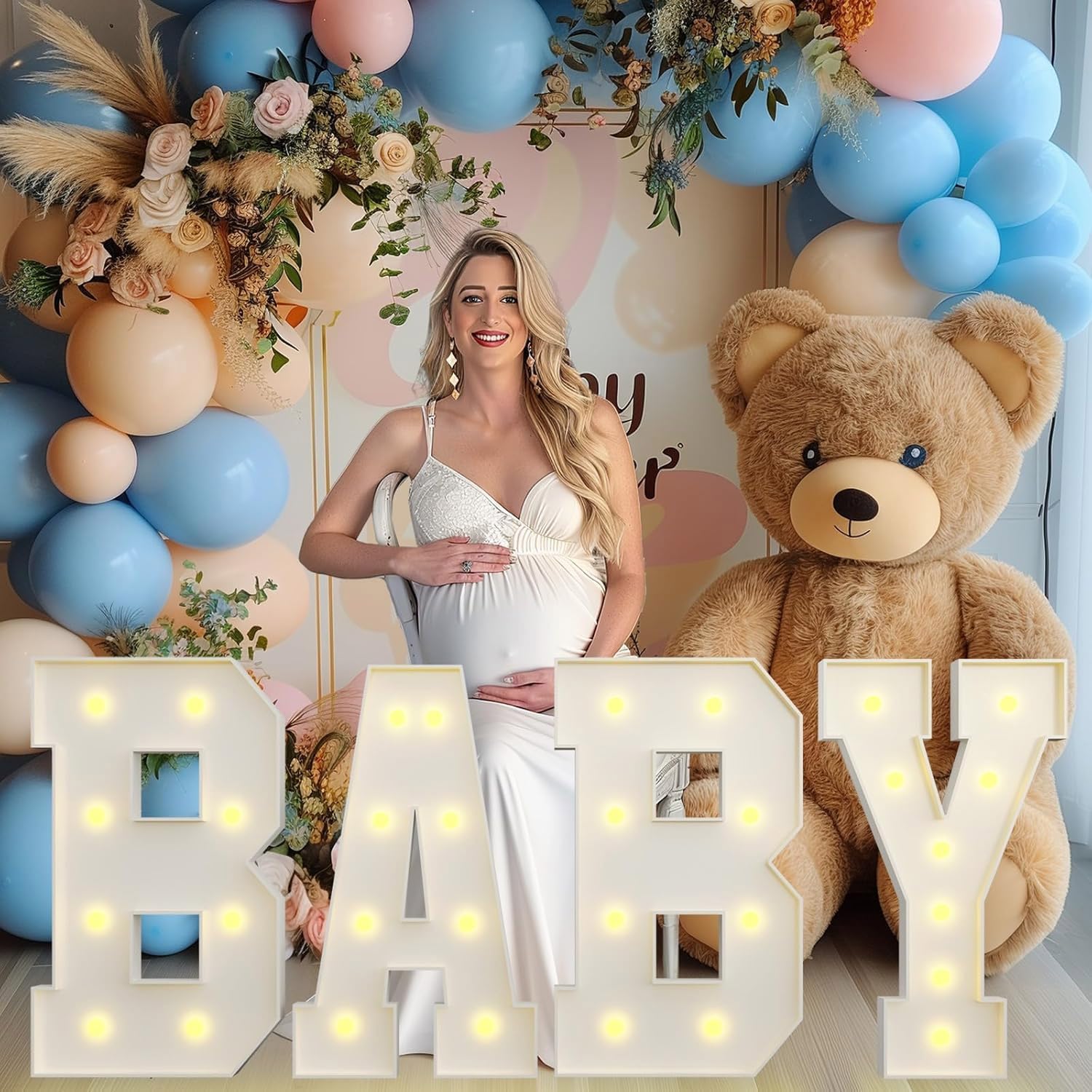 3FT/4FT Baby Letter Light, Mosaic Letter Decor with Light String & Balloon Frame, Cute Vivid Ornament for Baby Shower, Gender Reveal, Boys Girls Kids Birthday Party