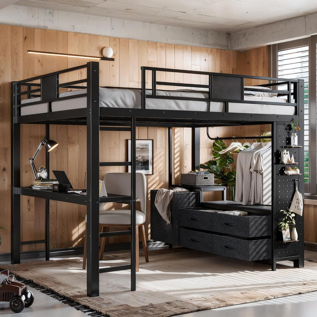 JIVOIT Queen Size Loft Bed with Desk & Shelves, All-in-One Loft Bed with Built-in Workstation & Storage, Space-Saving Metal Loft Bed with Cothesline Pole, Storage Pegboard, Laundry Bag