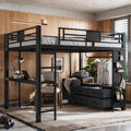 JIVOIT Queen Size Loft Bed with Desk & Shelves, All-in-One Loft Bed with Built-in Workstation & Storage, Space-Saving Metal Loft Bed with Cothesline Pole, Storage Pegboard, Laundry Bag