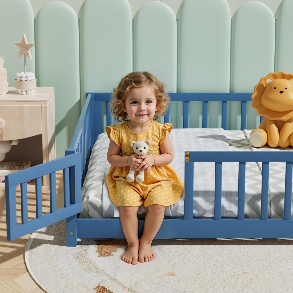 i-POOK Full Floor Bed Frame with Wood Slats, High Fence & Small Door, Pinewood Montessori Floor Bed for Girls and Boys, Mist Blue