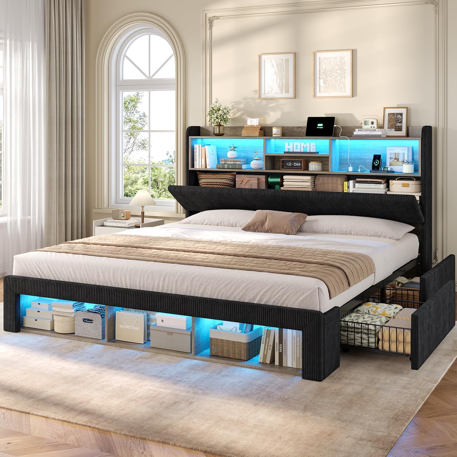 ADORNEVE California King Bed Frames with 4 Storage Drawers, Footboard Cubbies and RGB Lights, Corduroy Upholstered Platform Bed with Power Outlets and Storage Headboard, No Box Spring Needed, Black