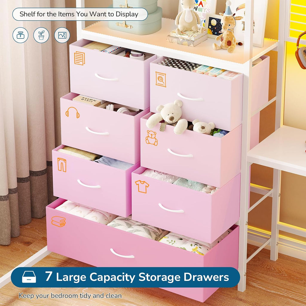 Twin Loft Bed with L-Shaped Desk, 7 Storage Drawers, Loft Bed Twin Size for Kids with LED Lights and Charging Station, Open Shelf & Pegboard, Metal Frame with Safety Guardrail & Ladder, White and Pink