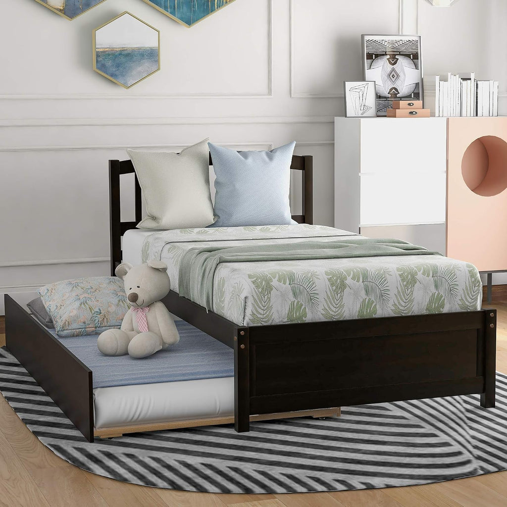 Modern Wood Platform Bed with Trundle and Headboard Classic Bed Frame No Box Spring Needed/Easy Assembly, Twin Espresso