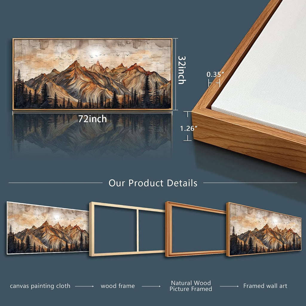 JUDASJART Canvas Wall Art For Bedroom Large Wall Decorations For Living Room Modern Office Wall Decor Abstract Watercolour Painting Mountain Landscape Pictures Artworks Home Decor Wood Framed 32'x72'