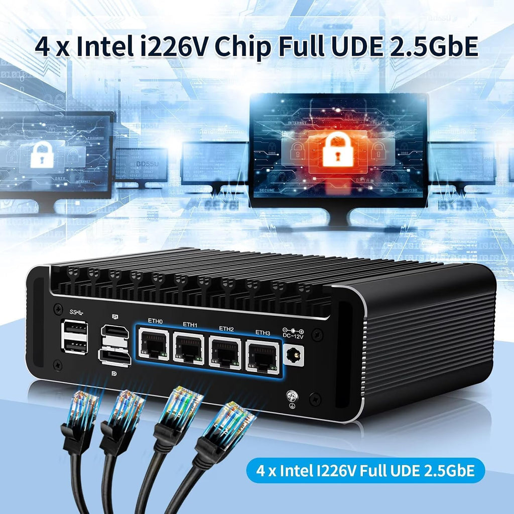 Mini Firewall PC N100 4 Core, 4 x i226V 2.5GbE LAN OPNsense Hardware, DDR5 8GB RAM 128GB SSD, Fanless Micro Computer Appliance, AES-NI, 3 Display, 2 x NVMe, 2 x SATA 3.0