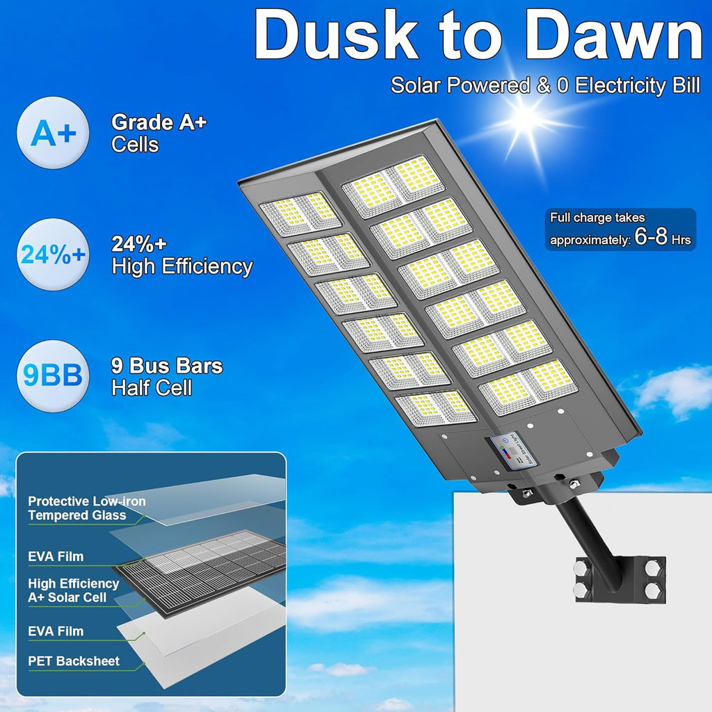 Solar Street Lights Outdoor Waterproof Dusk to Dawn, Large 9000W Outdoor Floodlight LED Motion Sensor, 7000K Wide Angle Parking Lot Flood Lamp Remote Control for Yard Garden