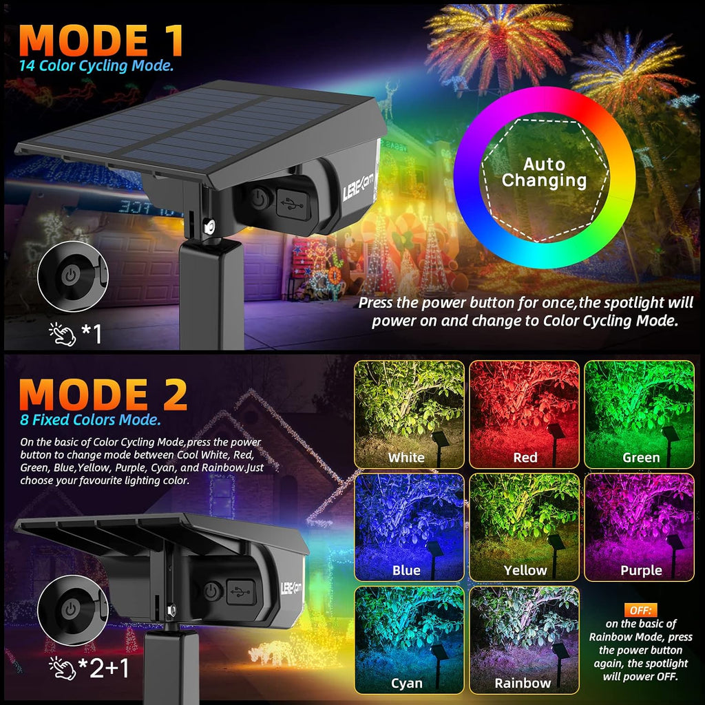LEREKAM Solar Spot Lights Outdoor Color Changing, IP65 Garden Lights Solar Powered Waterproof with 9 Light Modes, Colored Landscape Lighting Auto On/Off, for Garden Pool Area Pond Yard, 10 Pack