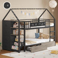 Twin Bunk Bed for Kids with 6 Storage Drawers, Montessori Bookshelf, House Shaped Bed with Globe String Lights and USB Ports, Metal Low Bunk Bed Twin Over Twin with Safety Guardrail and Ladder, Black
