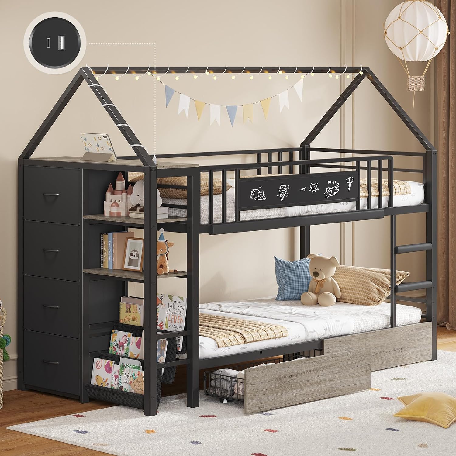 Twin Bunk Bed for Kids with 6 Storage Drawers, Montessori Bookshelf, House Shaped Bed with Globe String Lights and USB Ports, Metal Low Bunk Bed Twin Over Twin with Safety Guardrail and Ladder, Black