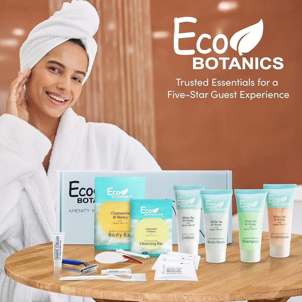 Terra Pure Eco Botanics Amenity & Accessory Kit | 0.85 oz Travel Size Shampoo, Conditioner, Lotion, Body Wash, Soap Bar, Shave & Dental Sets, Make-Up Remover Wipes, & Vanity Kit | 60 sets per case