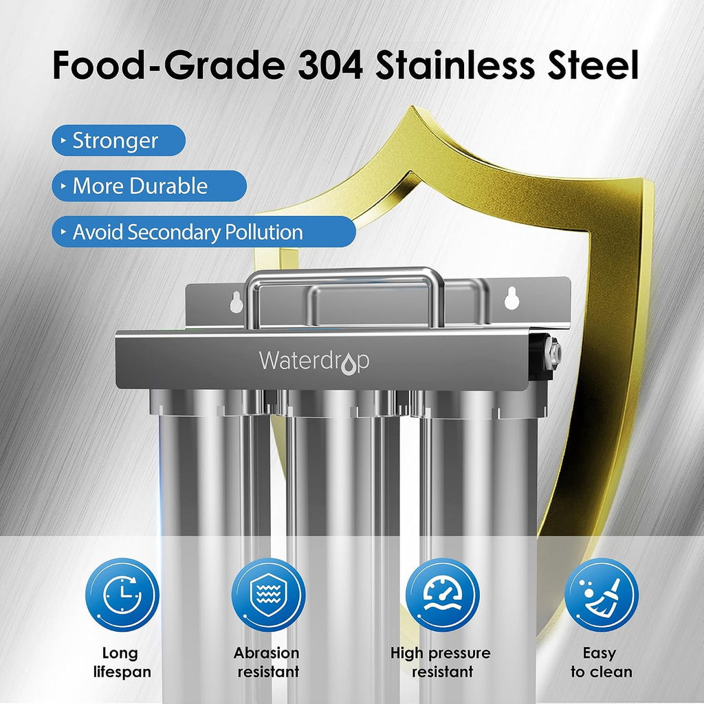 Waterdrop TST-UF 0.01μm Ultra-Filtration Under Sink Water Filter System, Stainless Steel Under Sink Water Filtration System, Removes 99% of Substances, Chlorine, Bad Taste & Odor, No Drill Required