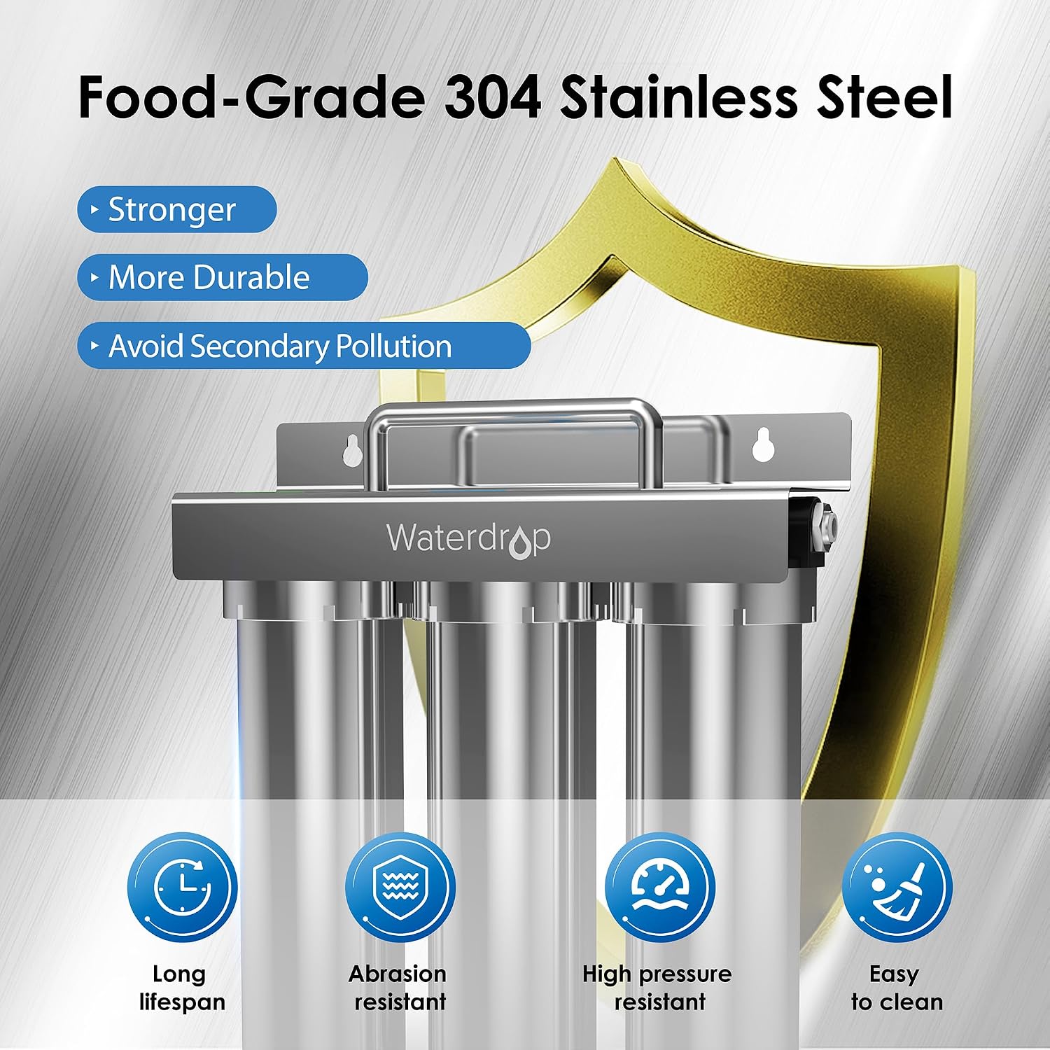 Waterdrop TST-UF 0.01μm Ultra-Filtration Under Sink Water Filter System, Stainless Steel Under Sink Water Filtration System, Removes 99% of Substances, Chlorine, Bad Taste & Odor, No Drill Required