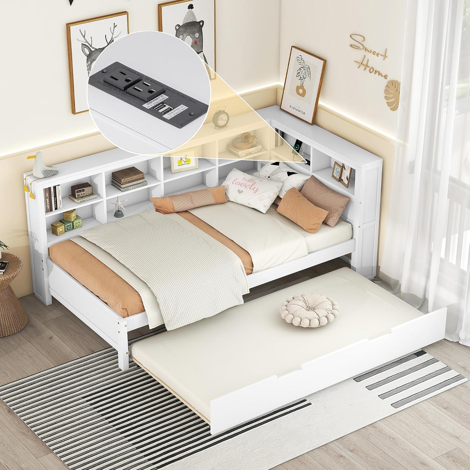 Modern Twin Size Daybed with Trundle, Solid Wood Captain Platform Bed with Storage Cabinets and USB Ports, Low Floor Bed for Kids Teens Adult Bedroom, Easy Assembly (White-XX115)