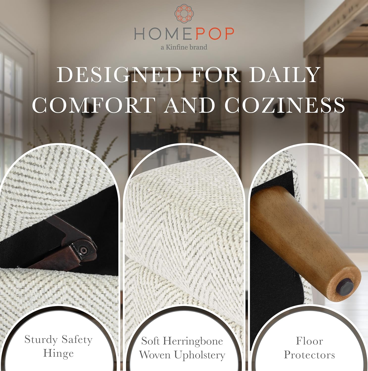 HomePop Malmo Decorative Storage Bench -Cream Chevron Woven