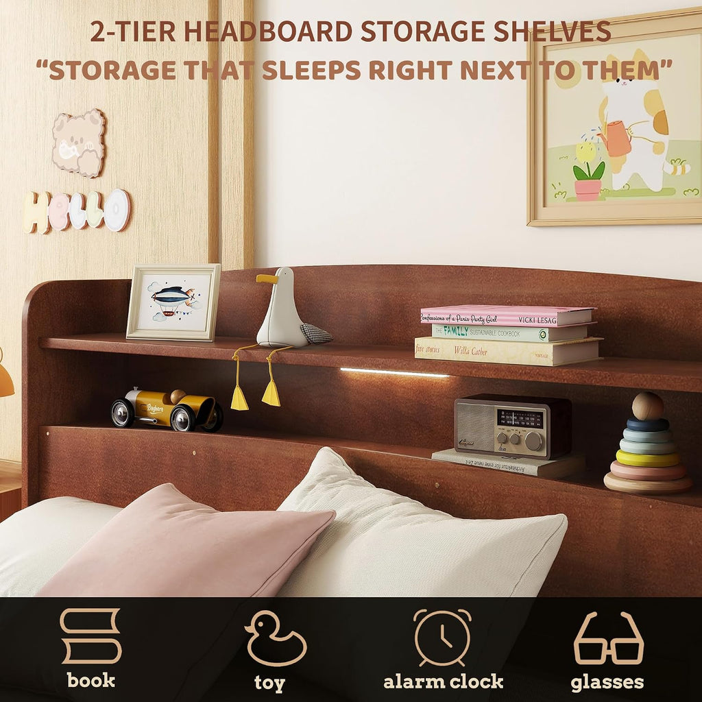 Full Size Bed Frame Kids with LED Motion Sensor Light & Guardrails, Full Size Kids Bed with Storage Bookcase, No Box Spring Needed, Easy Assembly, Walnut