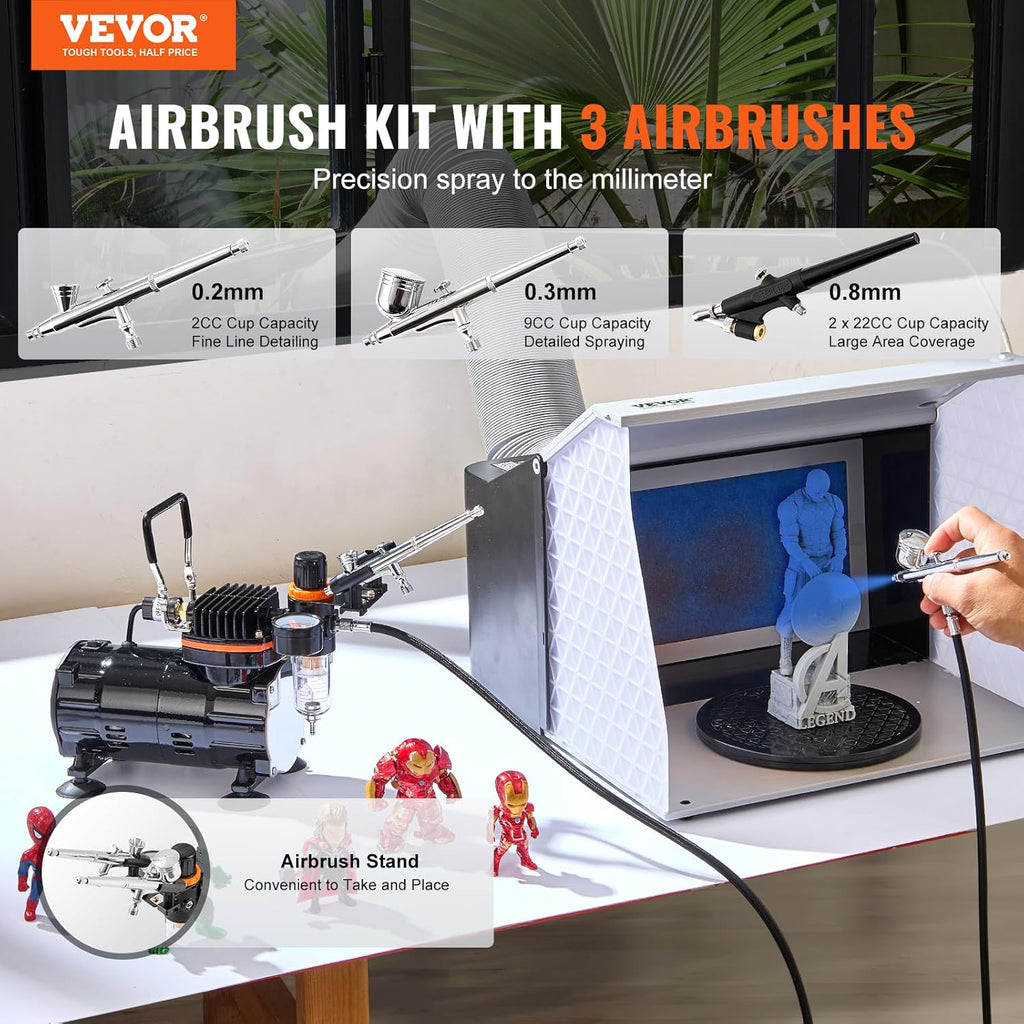 VEVOR Airbrush Kit, Professional Airbrush Set with 1/5 HP Compressor & 3 Airbrushes, Airbrushing System Kit with Multi-Purpose Dual-Action Gravity Feed Airbrushes, Art Nail Cookie Tatto