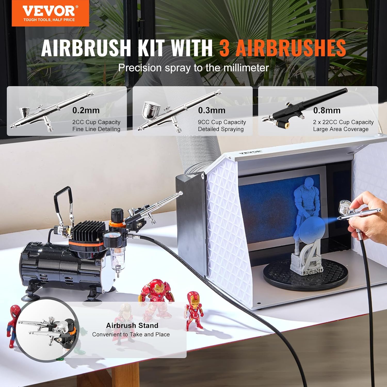 VEVOR Airbrush Kit, Professional Airbrush Set with 1/5 HP Compressor & 3 Airbrushes, Airbrushing System Kit with Multi-Purpose Dual-Action Gravity Feed Airbrushes, Art Nail Cookie Tatto