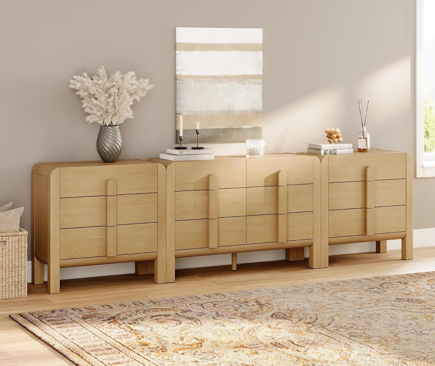 WAMPAT 3 Piece Bedroom Dresser Set, 110.2' Wide Mid Century Modern Chest of Drawers with Curved Handles, Dresser TV Stand with 12 Drawers, Wood Drawer Organizer for Bedroom, Oak