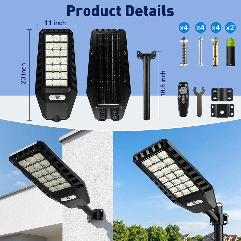 2-Pack Solar Street Lights Outdoor, 23' Large Solar Lights Outdoor Waterproof with Motion Sensor, 6500K LED Flood Lights, Dusk to Dawn Commercial Security Parking Lot Light for Driveway Yard Garden