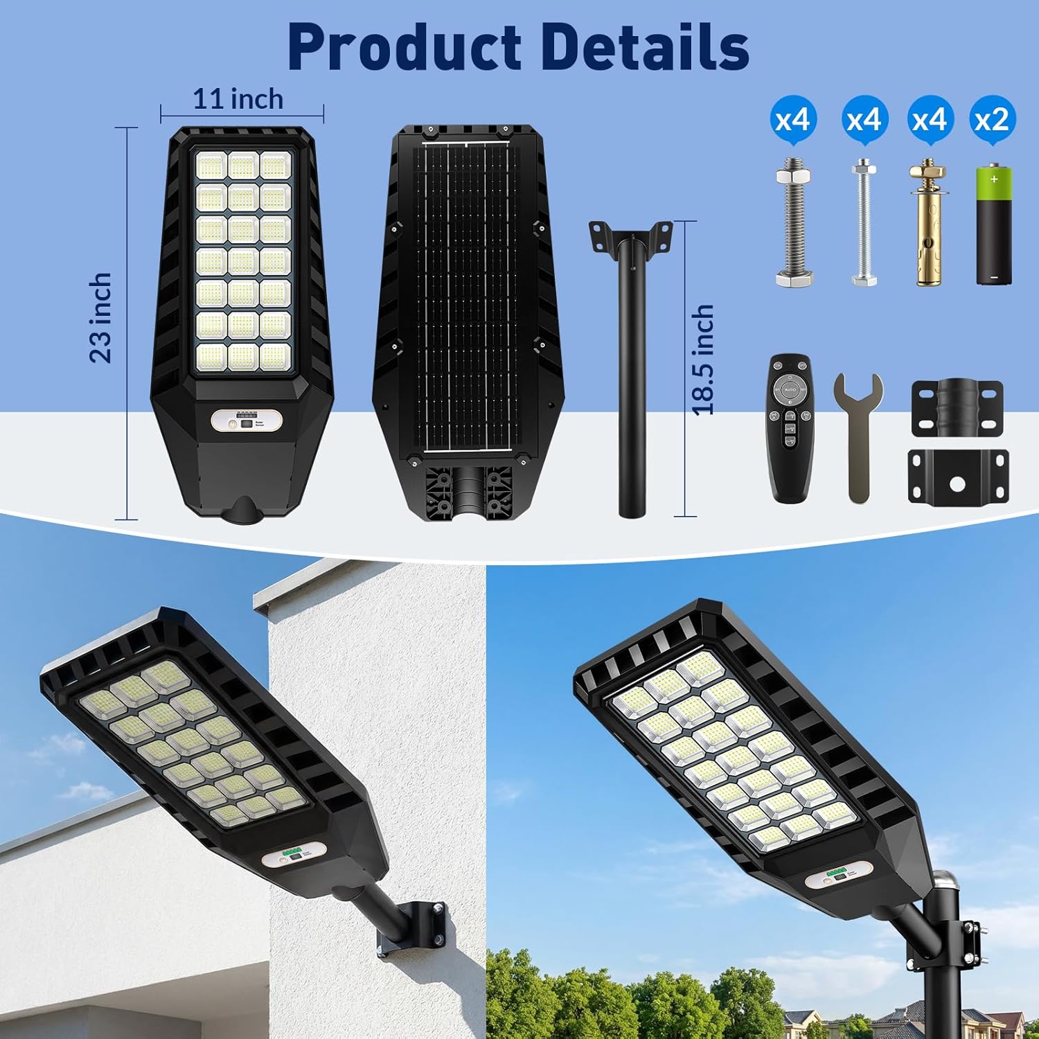 2-Pack Solar Street Lights Outdoor, 23' Large Solar Lights Outdoor Waterproof with Motion Sensor, 6500K LED Flood Lights, Dusk to Dawn Commercial Security Parking Lot Light for Driveway Yard Garden