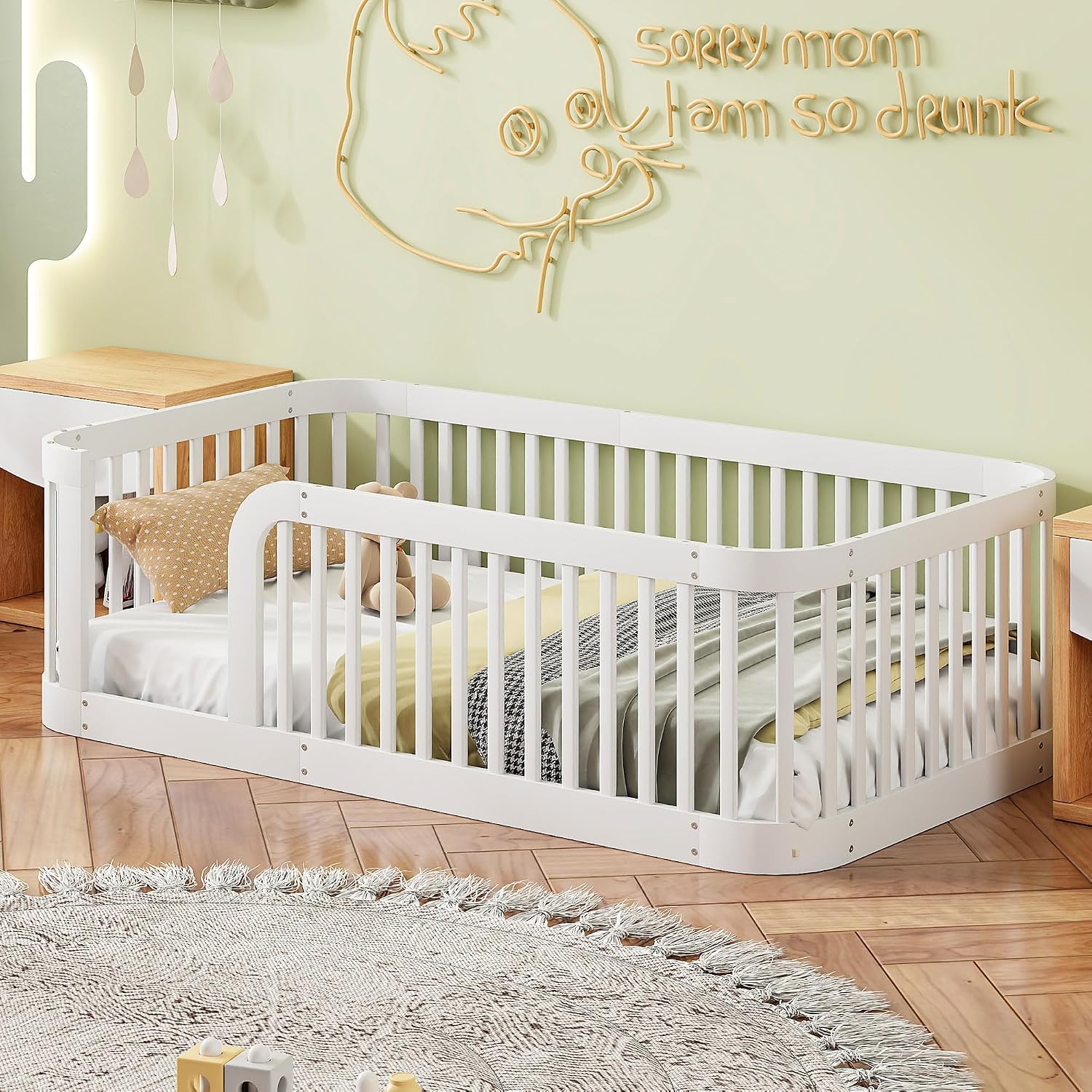 JIVOIT Twin Size Floor Bed Frame with Fence, Wood Montessori Floor Bed with Safety Guardrail, Easy Assembly (White/124)