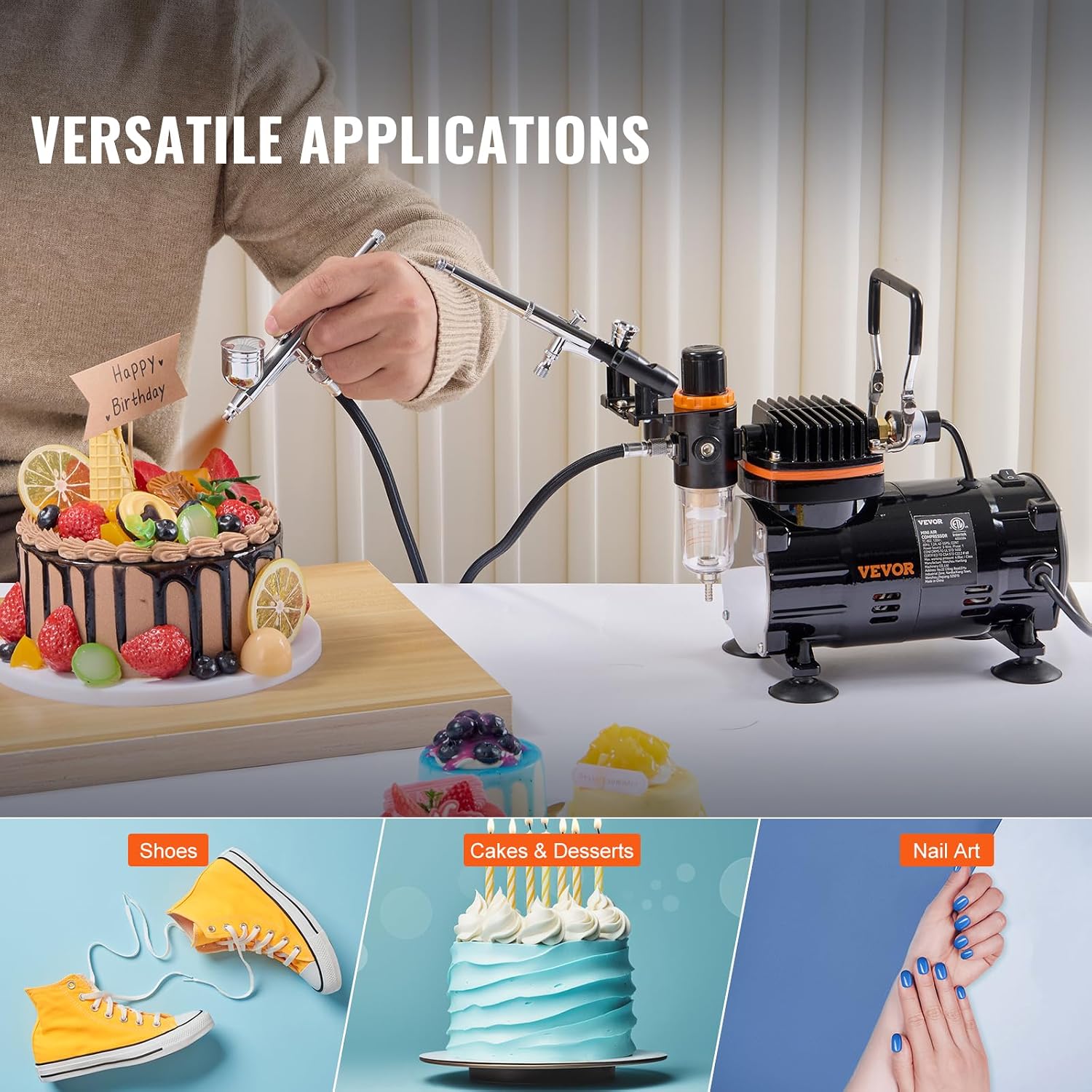 VEVOR Airbrush Kit, Professional Airbrush Set with 1/5 HP Compressor & 3 Airbrushes, Airbrushing System Kit with Multi-Purpose Dual-Action Gravity Feed Airbrushes, Art Nail Cookie Tatto