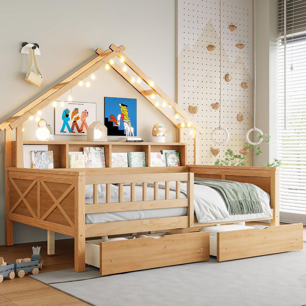 JIVOIT House Beds Wood Platform Bed, Full Size Platform Bed Frame with Storage Shelves, Drawers and Guardrail, Wood Slats Support, No Box Spring Needed (Natural/509)