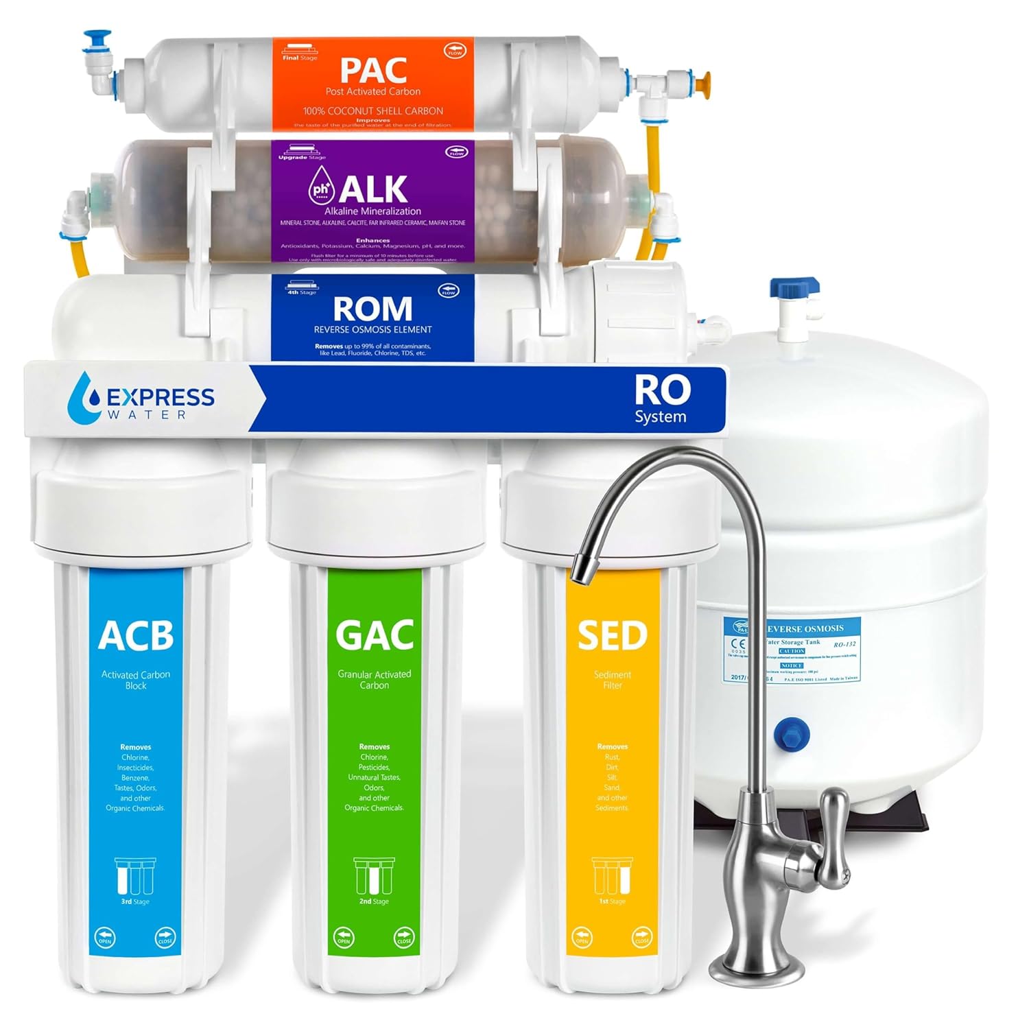 Express Water ROALK5D 10-Stage Alkaline Under Sink Reverse Osmosis Water Filter System, NSF Certified 372, 50 GPD, Reduces 99% of Impurities, BPA Free, Deluxe Chrome Faucet