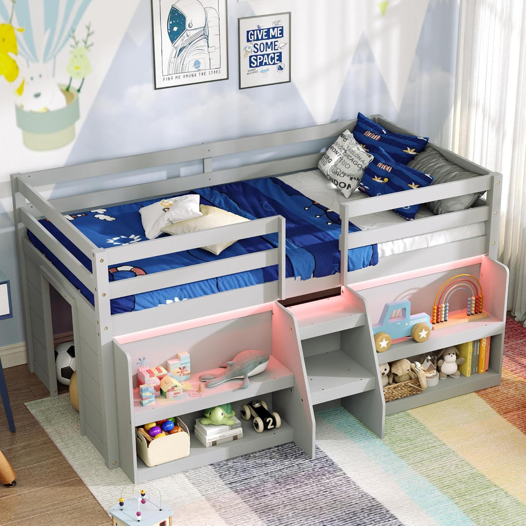 KOMFOTT Low Loft Bed with LED Light & 2 Bookcases, Wood Kids Twin Bed with Under-Bed Play Space, Stairs & Guardrails, No Box Spring Needed, Modern Low Loft Bed Frame, Grey
