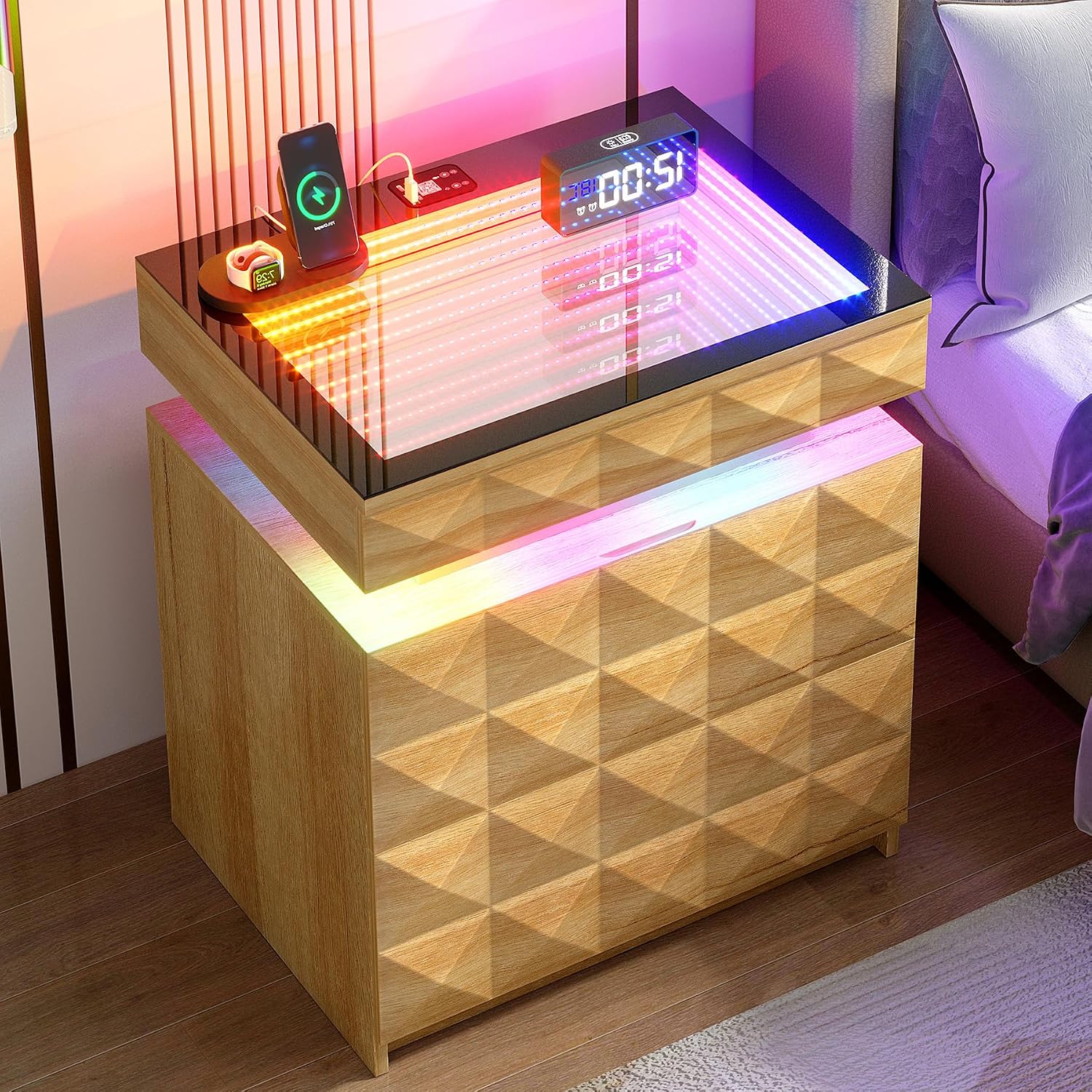 Bedside Table with Charger Station and RGB Lights, Nightstand with 3 Drawers and Sliding Top, Modern Night Stand with Human Body Sensor for Bedroom & Living Room, Wood