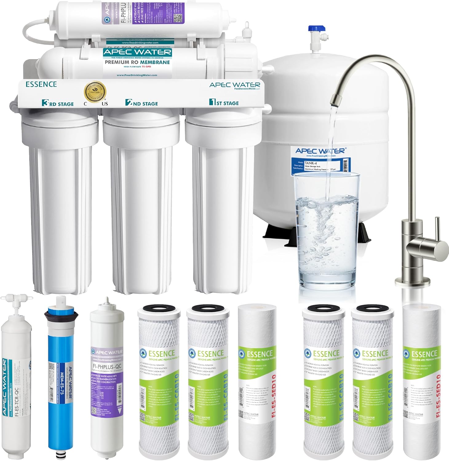 APEC Water ROES-PH75X 6-Stage Alkaline Under Sink Reverse Osmosis Water Filter System, NSF Cetified 372 & 58, 75 GPD, with Extra High Capacity Pre-Filter Set Stage 1-3