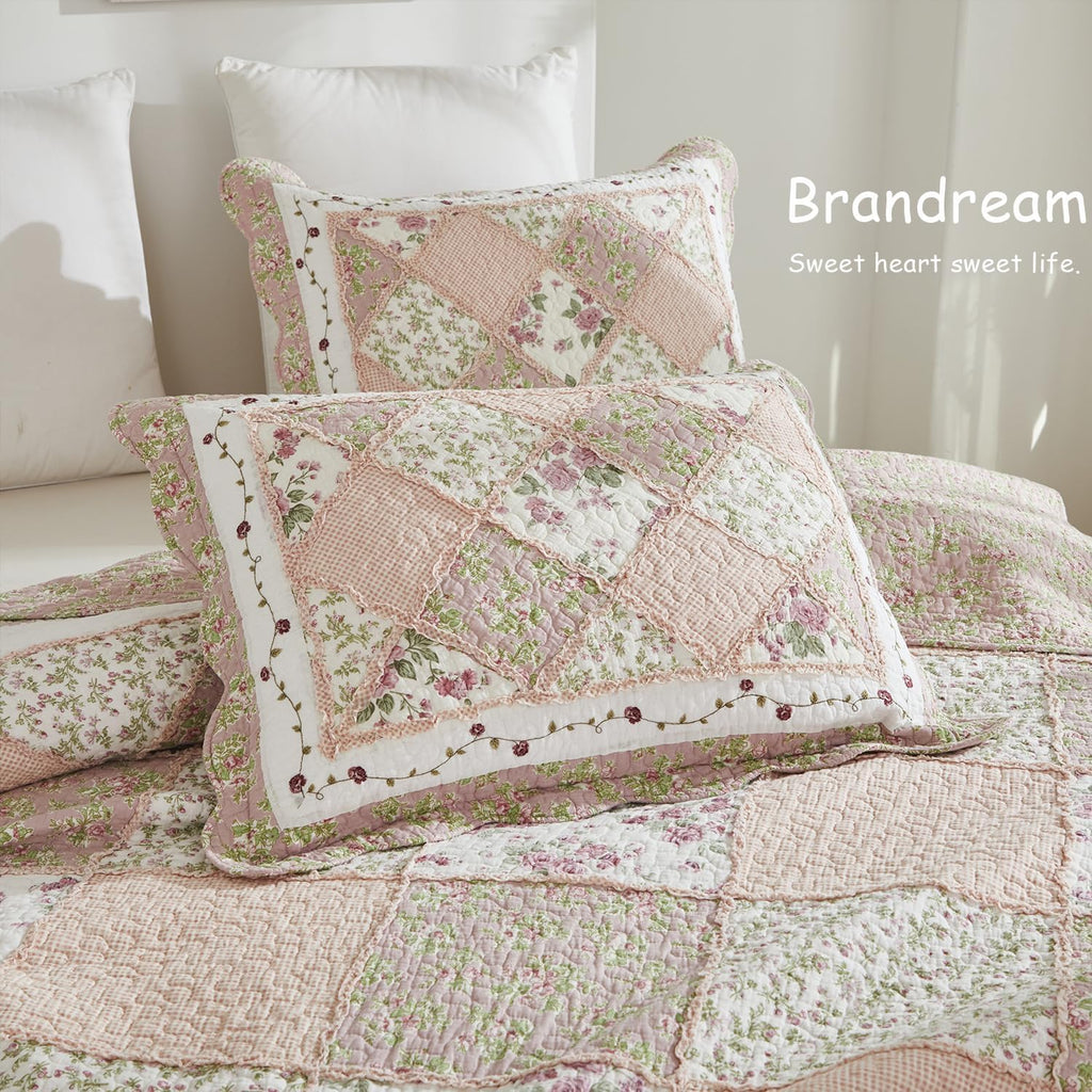 Brandream Queen Size Quilt Set Cotton Patchwork Quilts Blush Pink Cottage Floral Quilted Comforter Set 3-Piece
