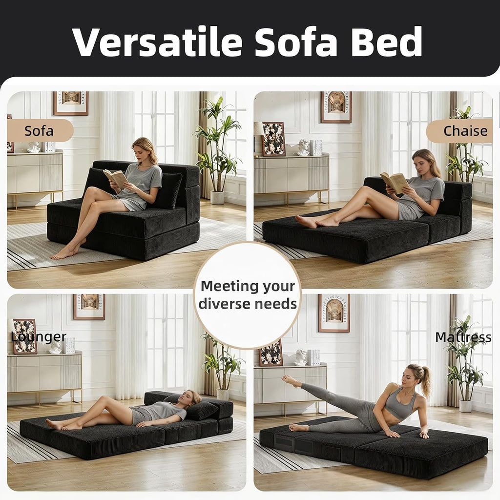 Folding Sofa Bed,Convertible Sleeper Chair with Pillow, Loveseat Fold Out Chair Bed, Memory Foam Floor Couch Mattress, Foldable Futon Couch Lounge for Living Room(Black-Corduroy, Twin XL)