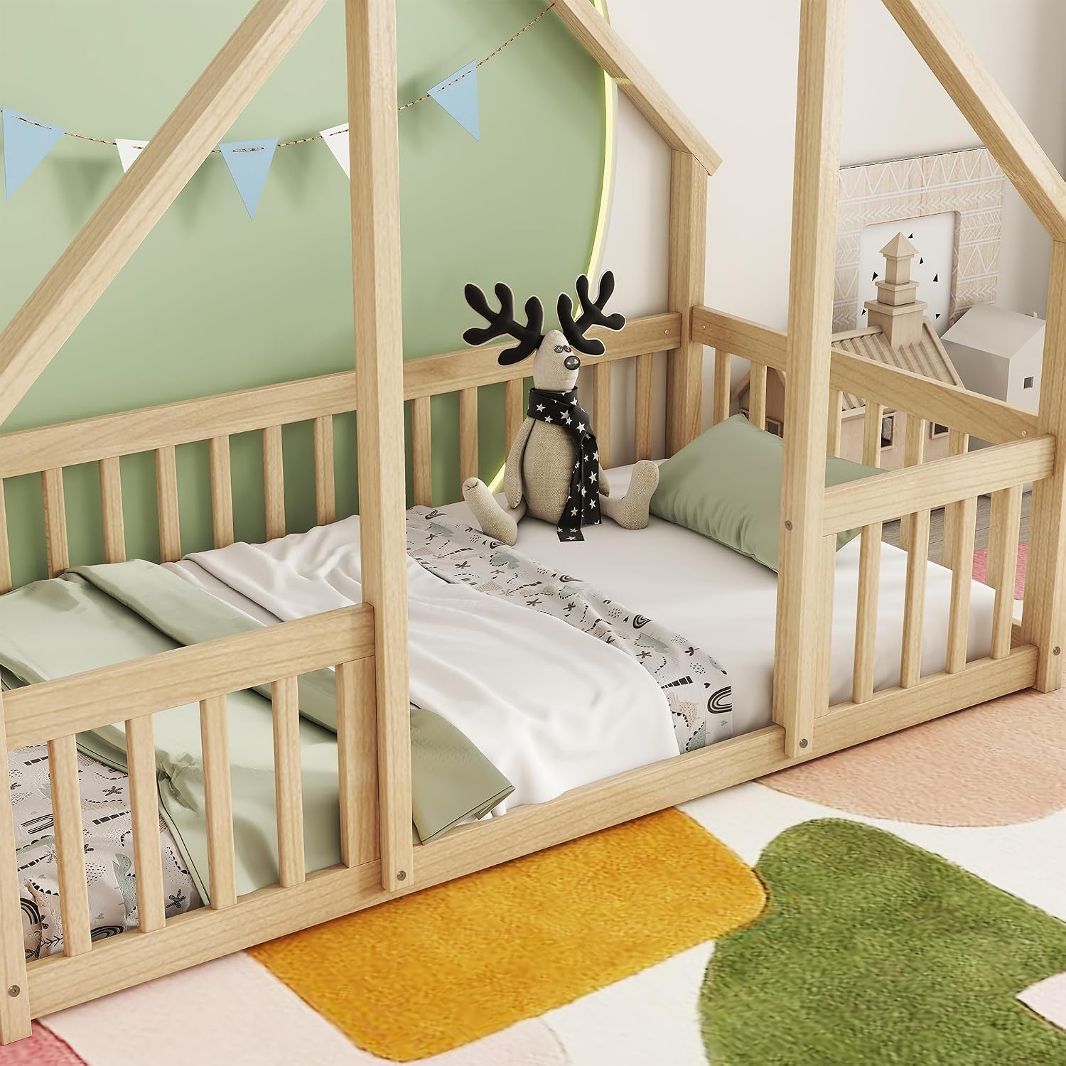 JIVOIT House Bed Twin Size Floor Bed, Wood House-Shaped Floor Bed with Fence Guardrails, Wood House Roof Frame, Montessori Bed Frame (Natural-Twin,129)
