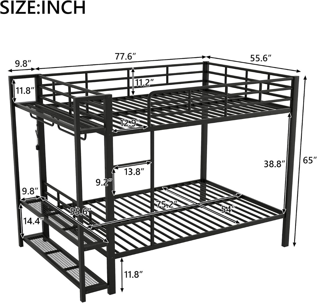 Metal Bunk Bed with Storage Mesh Shelves and Clothes Hooks, Open Storage Shelves, Full Size Bunk Bed with Full-length Reinforced Guardrails for Teens and Adults, No Box Spring Needed (Black//96)