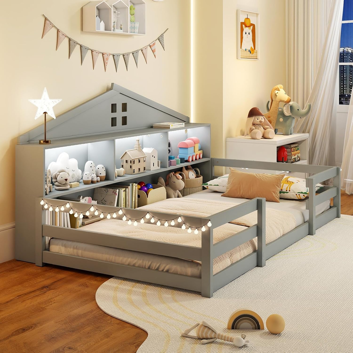 BECOMFORT Twin Floor Bed with LED Lights, 2-in-1 Kids Twin Floor Bed Frame with Bedside Bookcase & Safety Guardrails, Montessori Bed for Boys Girls