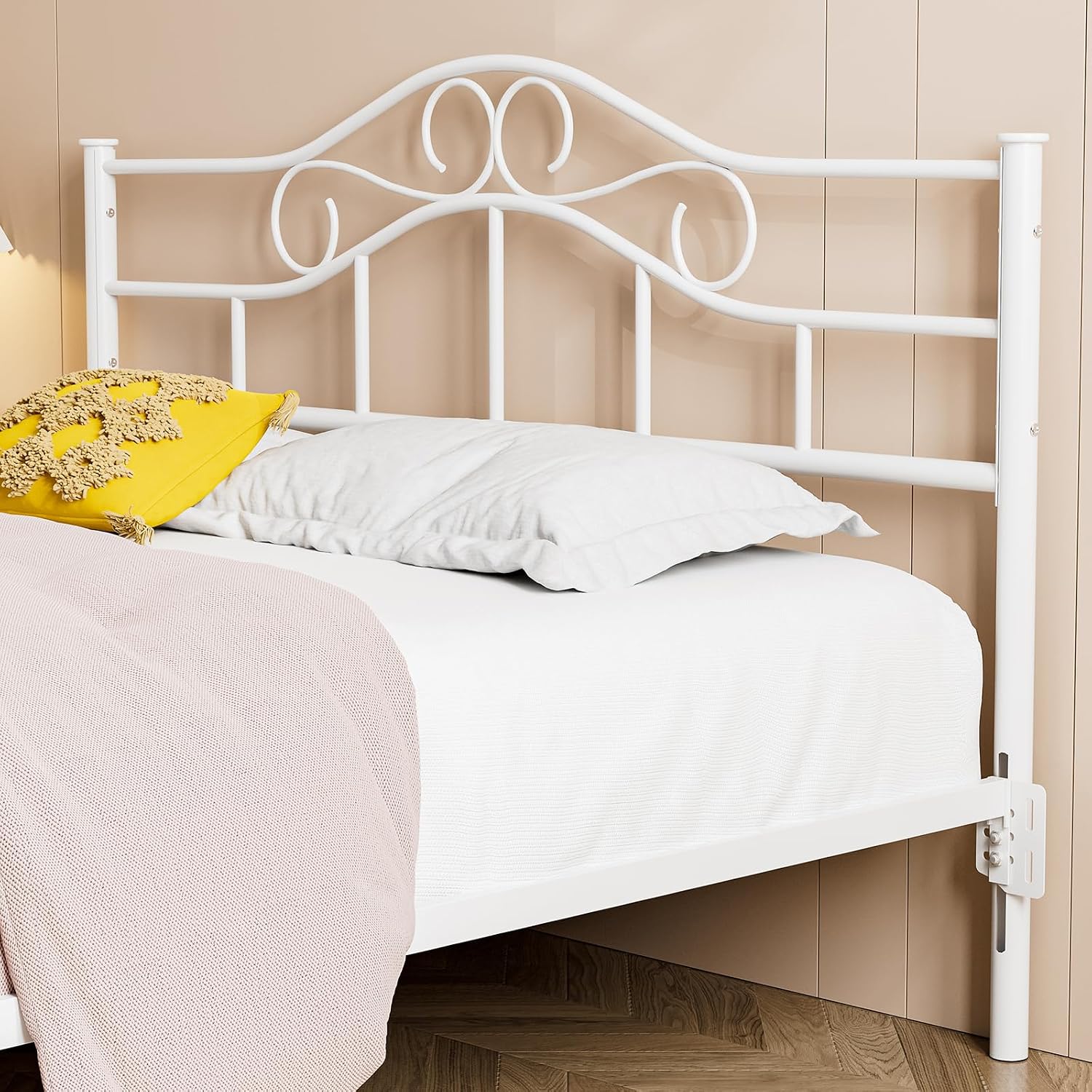 IKIFLY Metal Queen Size Headboard, Adjustable Height, Steel Curved Queen Headboard Only for Bedroom, Farmhouse Scrollwork Design, Attach Frame, Easy Assembly, White