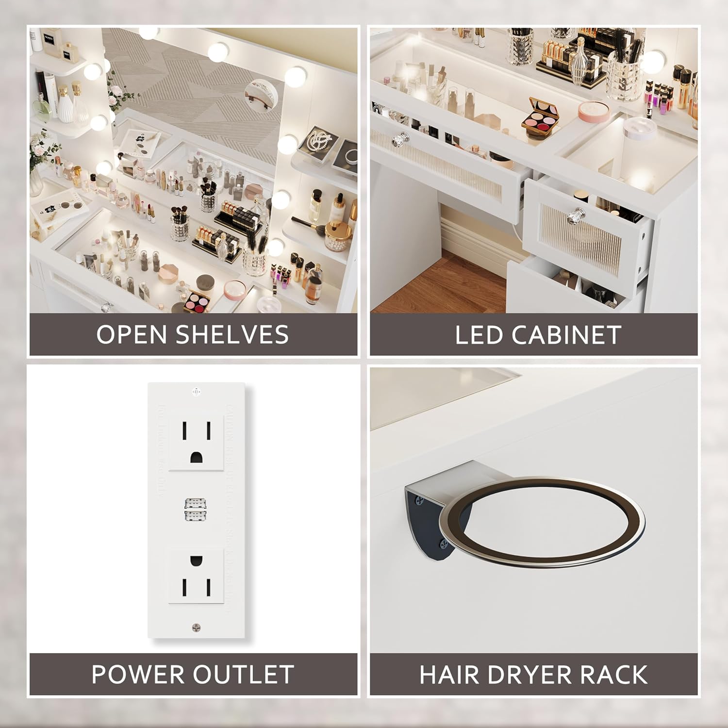 White Vanity with Lighted 23.5' Mirror, Glass Top Vanity Desk with 9 Drawers & 3 Color Hollywood Bulbs & 4 Shelves & Acrylic & Power Outlet, Makeup Desk Dressing Table for Bedroom